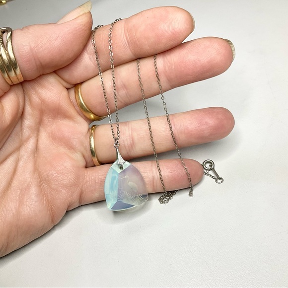 Art Deco Sterling Opaline Glass Necklace Japanese Carved Crane - Picture 10 of 11